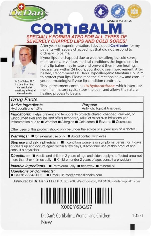 81cCPRhZOzL._AC_SL1500_.jpg Dr. Dan's Cortibalm - 1 Pack - for Dry Cracked Lips - Healing Lip Balm for Severely Chapped Lips - Designed for Men, Women and Children
