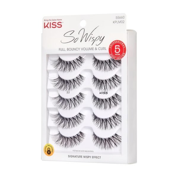 KISS So Wispy False Eyelashes Multipack #11, Full Bouncy Volume & Curl, Signature Wispy Effect, Quality Synthetic, Crisscross Pattern, Cruelty Free, Reusable and contact lens friendly, 5 Pairs
