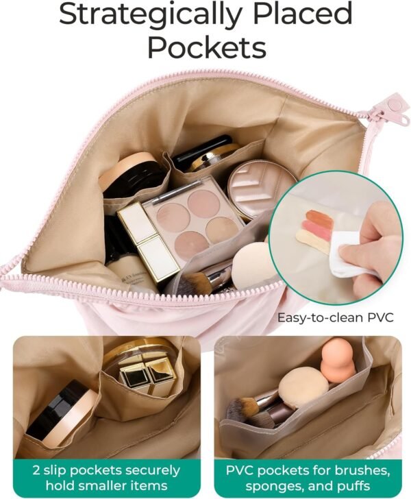 81dhQj0m9jL._AC_SL1500_.jpg BAGSMART Makeup Bag Travel Toiletry Bag, Cute Make Up Bag, Large Capacity Cosmetic Bags for Women, Wide-open Makeup Pouch Travel Essentials Toiletries Accessories Brushes (Pink)