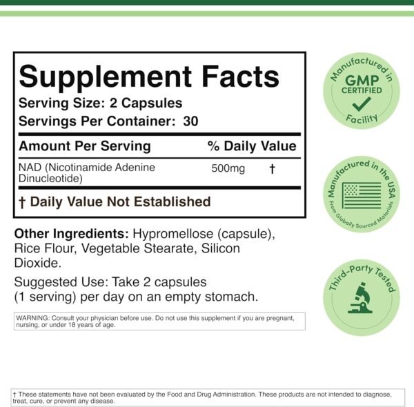NAD Supplement for Anti Aging and Cell Regeneration (500mg of 95% Pure NAD+ Per Serving, 30 Day Supply) Similar to Nicotinamide Riboside (Third Party Tested, Vegan Safe, Non-GMO) by Double Wood