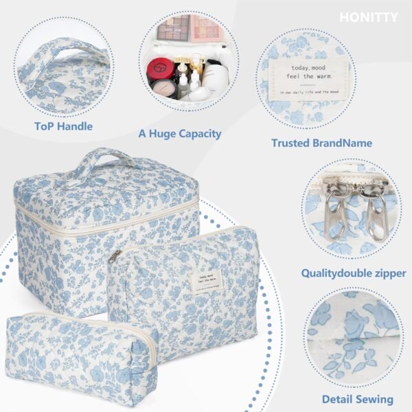 81dndn4u9iL._SL1500_.jpg Makeup Bag,Quilted Cosmetic Bag,Large Floral Make Up Bag for Women,Cotton Makeup Bag Set,Flower Travel Toiletry Bag