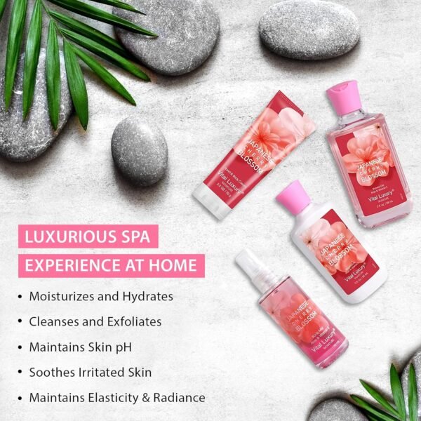 Bath and Body Care Gift Set for Women and Girls, Personal Self-Body Care Travel Set, Japanese Cherry Blossom Spa Home Set with Natural Extracts, 4 Pack - Shower Gel, Body Lotion, Body Mist, Hand Cream