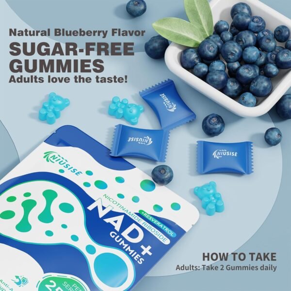 NAD Gummies Sugar Free, NAD+ Supplement with Liposomal Nicotinamide Riboside, Resveratrol, Quercetin, NAD Supplement for Anti-Aging, Energy, Cellular Health, Blueberry Flavor, 60 Gummies