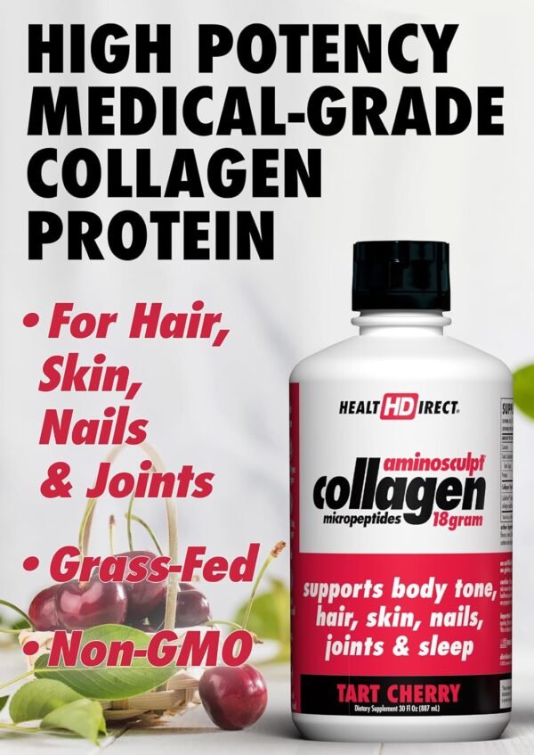 81eHdeDSwL._AC_SL1500_.jpg HEALTH DIRECT AminoSculpt Sugar-Free Collagen Supplement - High Potency Medical-Grade Protein for Hair, Skin, Nails & Joints, Grass-Fed, Non-GMO, Liquid Collagen - Tart Cherry - 30 Fl Oz