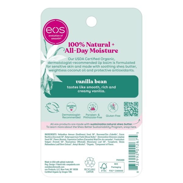 81eUIv3-fML._SL1500_.jpg eos 100% Natural & Organic Lip Balm Sticks - Vanilla Bean, All Natural Lip Balm, All-Day Moisture, Dermatologist Recommended, 0.14 oz, 2-Pack