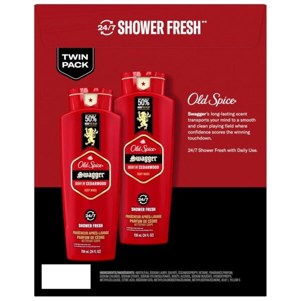 Old Spice Refreshing Body Wash for Men, 3X Defense, 24/7 Shower Fresh with Long Lasting Scent, Red Collection, Swagger with Cedarwood Scent, 24 oz (Pack of 2)