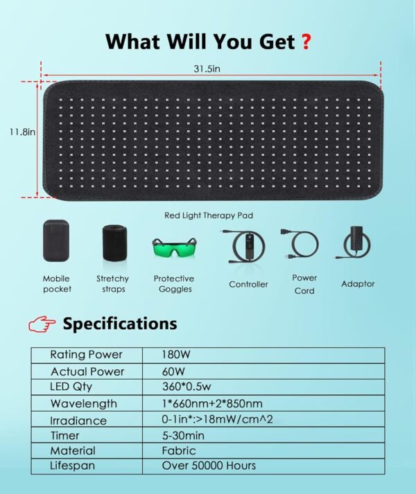 Red Light Therapy Pad for Body, 180W LED Red & Infrared Light Device Mat with 660nm & 850nm Wavelengths for Waist Back Shoulder Muscle Pain Relief FSA HSA Eligible