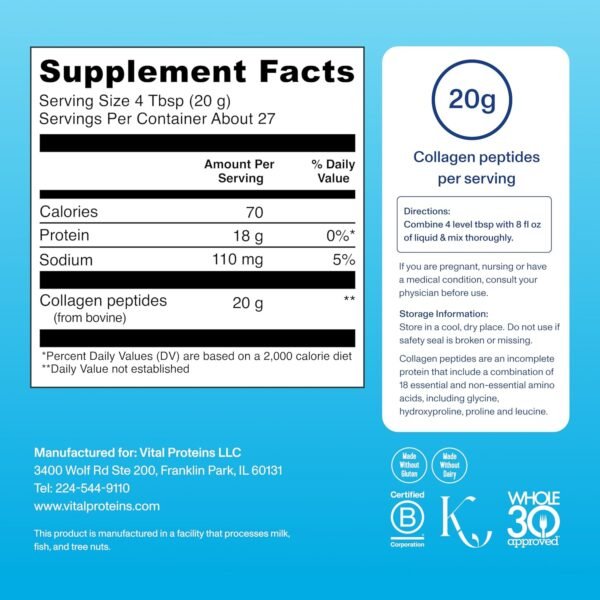 Vital Proteins Collagen Peptides Powder - Grass Fed Collagen Peptides for Hair, Nail, Skin, Bone & Joint Health, Unflavored, 27 Servings