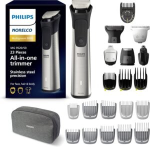 Philips Norelco Multigroom 9000 Series, All-in-One Trimmer, Beard Trimmer and Hair Clipper, 23-Piece Men's Grooming Kit for Beard, Body, Face, Nose, Ear and Intimate Areas, MG9520/50