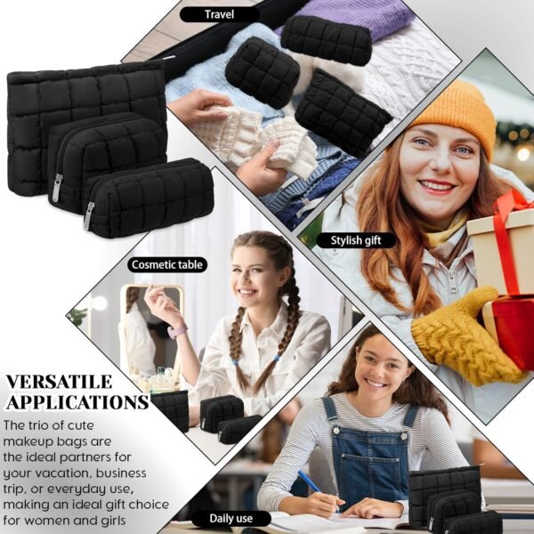 3 Pcs Puffy Makeup Bag Quilted Cosmetic Pouch for Women Cute Checkered Travel Toiletry Bag Puffer Makeup Organizer Purse Pouch Preppy Pencil Case with Zipper