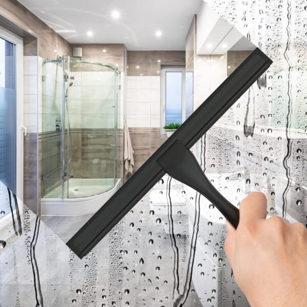 All-Purpose Stainless Steel Shower Squeegee for Shower Glass Door with Adhesive Hook, Bathroom Cleaner Tool Household Window Mirror Squeegee for Glass Doors, Cleaning Tile Wall, Car, 10 inch, Black