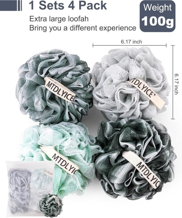 Loofah Sponge, XXL Large Loofah 100g 4 Pack, Bath Sponge Soft Mesh Shower Loofah for Men, Body Scrub, Shower Pouf Bath Accessories, for Body Wash, Soap (Blue Gray)
