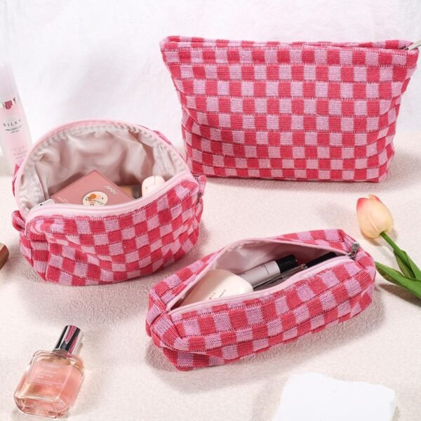 81fVtVyRomL._SL1500_.jpg ZLFSRQ 3Pcs Checkered Makeup Bag for Women Large Small Checkered Cosmetic Bag Set Cute Aesthetic Pink Makeup Pouch for Purse Travel Toiletry Bags Preppy Pencil Bags Zipper Skincare Storage Organizer