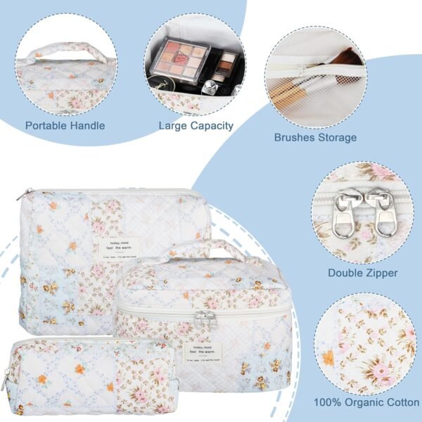 81fou6y7NIL._AC_SL1500_.jpg Quilted Makeup Bag Set - 3 PCS Cute Floral Cotton Makeup Bag, Large Coquette Aesthetic Make up Cosmetic Bag, Flower Travel Toiletry Organizer Bags for Women Girls