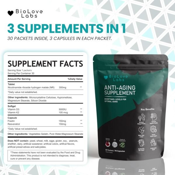 NAD 3 in 1 Booster: Nicotinamide Riboside (NR), Fisetin, Resveratrol, K2 & D3 | Supports Healthy Aging of Brain, Body, Muscle | 300mg NR | (90 Capsules)