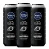Nivea Men Active Clean Body Wash with Natural Charcoal for Normal to Oily Skin, 3-in-1 Charcoal Body Wash, Face and Hair, Draws Out Dirt and Impurities, 16.9 Fl Oz Bottle, Pack of 3