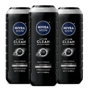 Nivea Men Active Clean Body Wash with Natural Charcoal for Normal to Oily Skin, 3-in-1 Charcoal Body Wash, Face and Hair, Draws Out Dirt and Impurities, 16.9 Fl Oz Bottle, Pack of 3
