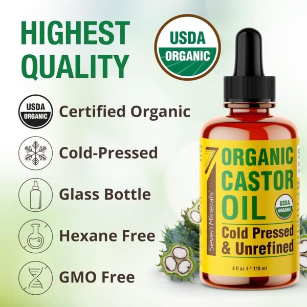 81gI8GS3EgL._SL1500_.jpg Seven Minerals 4oz Organic Castor Oil for Eyelashes, Eyebrows, Face & Hair Growth - Glass Bottle, Cold Pressed & Hexane Free - 100% Pure Castor Hydrates & Boosts Natural Hair, Lash & Brow Growth
