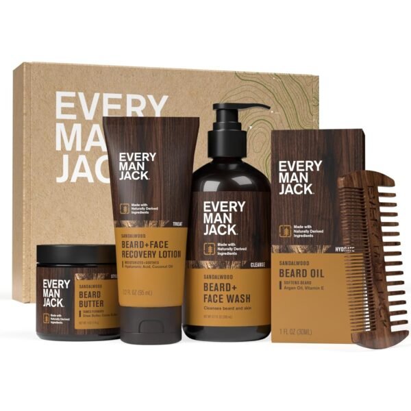 Every Man Jack Mens Sandalwood Beard Set - 5 Full-Sized Grooming Essentials For a Complete Routine - Beard + Face Wash, Beard + Face Lotion, Hydrating Beard Oil, Beard Butter, and Beard Comb