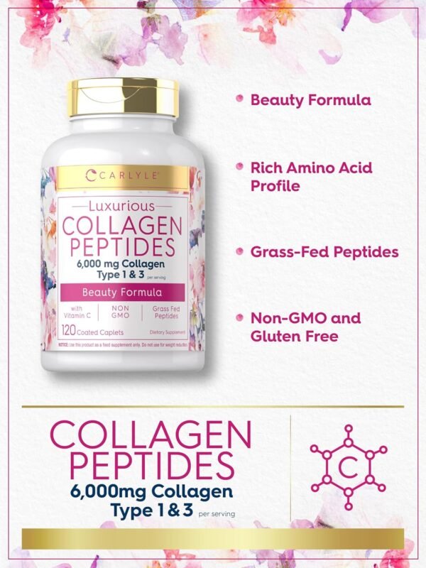81hhRfkYC3L._AC_SL1500_.jpg Carlyle Collagen with Vitamin C | 6000mg | 120 Caplets | Multi Collagen Peptide Pills | Type 1 and 3 | Non-GMO, Gluten Free, Grass Fed