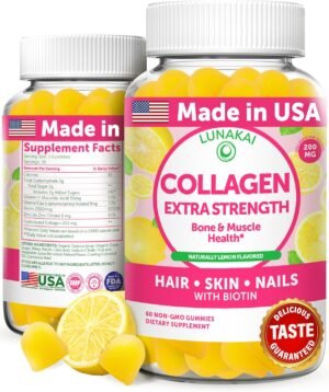 81ivwKWIYlL._AC_SL1500_.jpg Lunakai USA Made Collagen Peptides Gummies - 200mg Non-GMO Anti-Aging Formula with Biotin, Zinc, Vitamins C & E for Hair, Skin and Nails, 60ct