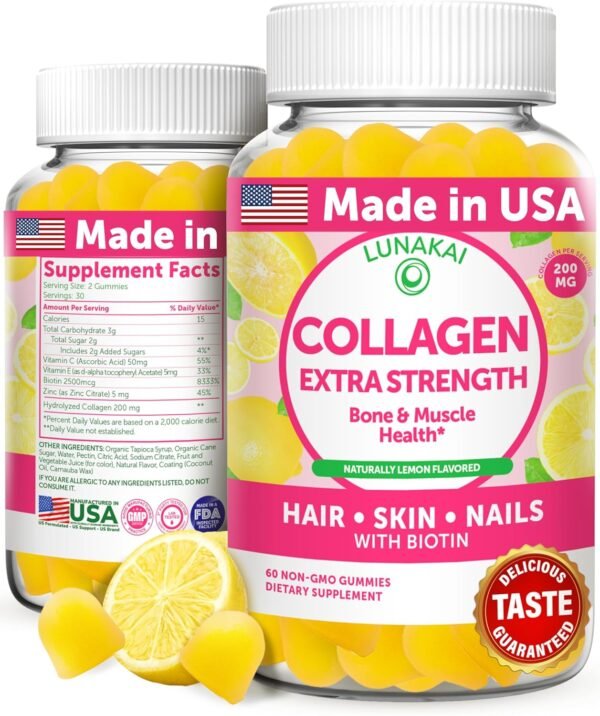 Lunakai USA Made Collagen Peptides Gummies - 200mg Non-GMO Anti-Aging Formula with Biotin, Zinc, Vitamins C & E for Hair, Skin and Nails, 60ct
