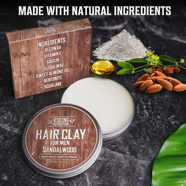 Viking Revolution Sandalwood Hair Clay for Men - Matte Finish Mens Hair Clay - Texturizing Clay Hair Product Men with Jojoba and Vitamin E - Clay Pomade for Men Effortless Hair Styling Cream (2 oz)