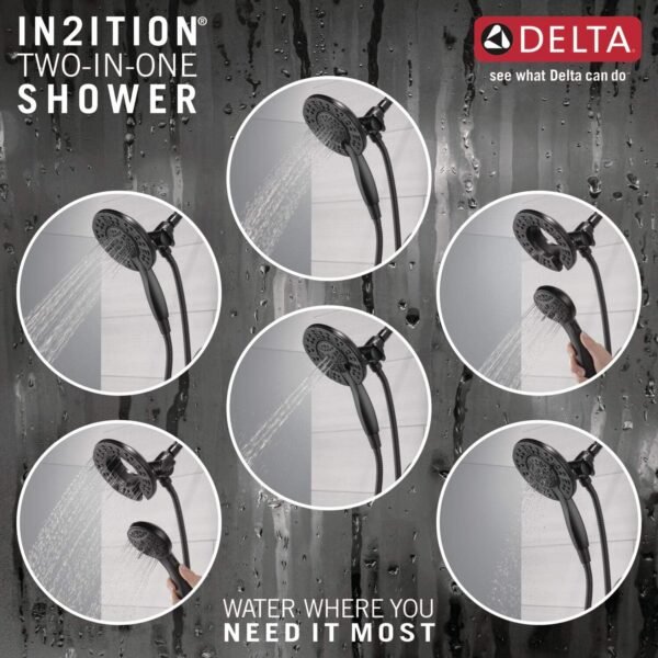 Delta Faucet Arvo 14 Series Single-Handle Tub and Shower Trim Kit, Shower Faucet with 4-Spray In2ition 2-in-1 Dual Hand Held Shower Head with Hose, Matte Black 144840-BL-I (Valve Included)