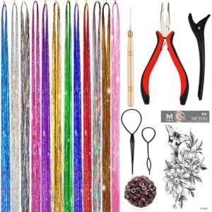 81k5yGuOHSL._SL1200_.jpg Hair Tinsel Kit, Fairy Tinsel Hair Extensions With Tool 2760 Strands 12 Colors Holographic Heat Resistant Sparkling Hair Glitter for Christmas New Year Party (48 Inch)