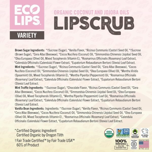 81kWeXm30WL._SL1500_.jpg Eco Lips LIP SUGAR SCRUB 4 Pack (4-0.25oz jars) 100% Organic Lip Care Treatment with Organic Sugar & Coconut Oil - Gently Exfoliate & Polish Dry, Flaky Lips (Variety 4-Pack)