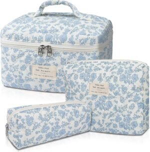 81lMSr6ESiL._AC_SL1500_.jpg Makeup Bag, Large Quilted Cosmetic Bag, Big Floral Make Up Bag for Women Girls, Cute Cotton Makeup Bag Set, Flower Travel Toiletry Organizer Bag