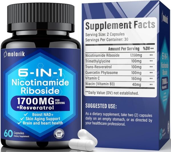 NAD+ Supplement, Nicotinamide Riboside 1700mg, with Trimethylglycine, Trans-Resveratrol, Vitamin C, Niacinm(B3), Supports Anti-Aging, Cell Repair, Healthy Skin, Vitality - 60 Capsules