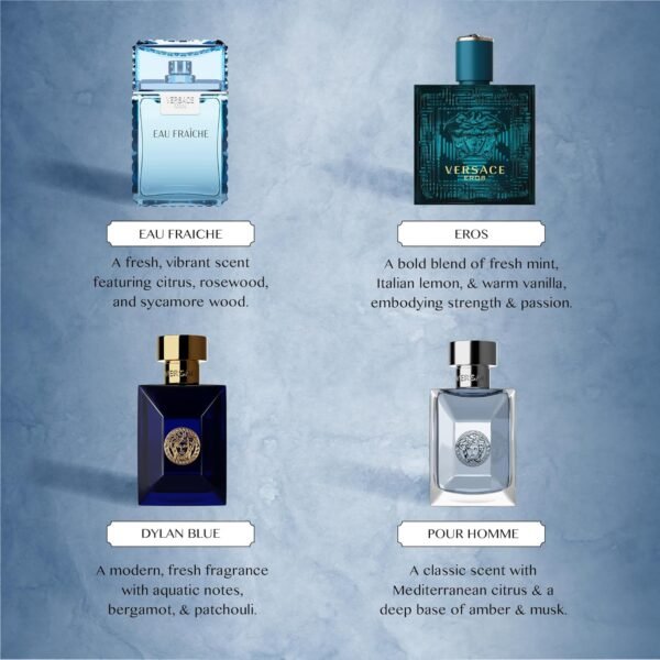 Versace Cologne for Men Set of 4 Mini Eros, Pour Homme, Dylan Blue, Eau Fraiche Perfume for Men Fragrance Sampler Set - Designer Mens Cologne Samples (4 Count, 0.17 oz)