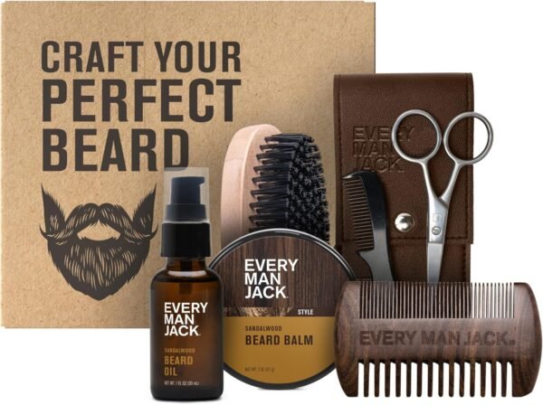 Every Man Jack Beard Grooming Kit for Men - Includes Sandalwood Beard Oil & Beard Balm, Beard Brush, Wooden Dual-sided Comb, Trimming Scissors and Mustache Comb