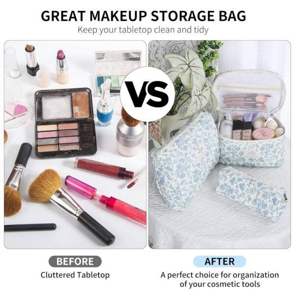 senbowe Floral Makeup Bag, 3 Pack Large Cotton Quilted Makeup Bag Set, Cute Floral Coquette Aesthetic Toiletry Bag Make Up Cosmetic Bag for Women, Toiletry Travel Make Up Organizer Bag