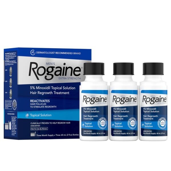 Men's Rogaine Extra Strength 5% Minoxidil Topical Solution for Thin Hair, Hair Loss Treatment to Regrow Fuller, Thicker Hair, 3 Month Supply, 3 Bottles