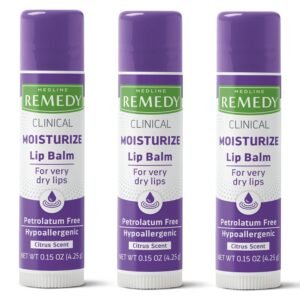 81noJRWV09L._SL1500_.jpg Medline Remedy Clinical Lip Balm, 3 Count, Citrus Scent, Moisturizing, Hydrating, Nourish, Nutrient Rich, Soothing Natural Oils, Revitalize, Comforting, Skin Conditioners, 0.15 oz Stick