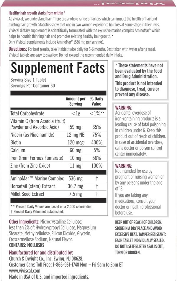 Viviscal Hair Growth Supplements For Women For Thicker, Fuller Hair, Nourishes Thinning & Loss, With Proprietary Collagen Complex, 60 Tablets, 1 Month Supply