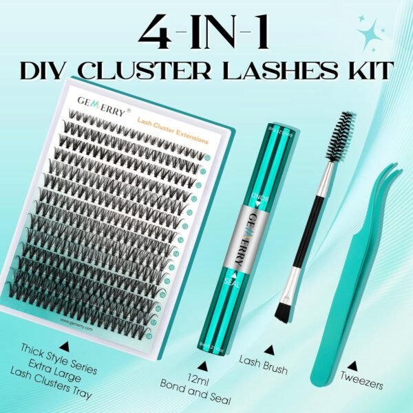 GEMERRY Lash Extension Kit Thick Lash Clusters Kit Fluffy Eyelash Clusters D Curl Eyelash Extension Kit With Lash Bond and Seal, Lash Tweezers, DIY Lash Extension Kit(80P-10-18mm)