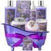 Birthday Gifts for Women, Luxury Home Spa Kit, 8pcs Lavender & Lilac Bath Gift Set, Gift Baskets for Women Unique with Bath Bombs, Sea Salt, Scented Candle, Body Lotion
