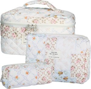 81otI1txOQL._AC_SL1500_.jpg Quilted Makeup Bag Set - 3 PCS Cute Floral Cotton Makeup Bag, Large Coquette Aesthetic Make up Cosmetic Bag, Flower Travel Toiletry Organizer Bags for Women Girls
