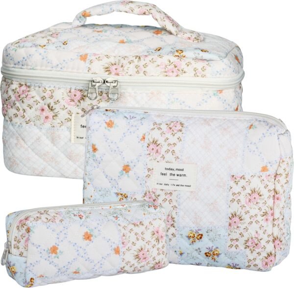 81otI1txOQL._AC_SL1500_.jpg Quilted Makeup Bag Set - 3 PCS Cute Floral Cotton Makeup Bag, Large Coquette Aesthetic Make up Cosmetic Bag, Flower Travel Toiletry Organizer Bags for Women Girls