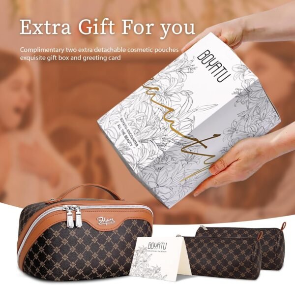 81owRWWu9L._AC_SL1500_.jpg BOYATU Travel Makeup Bag Cosmetic Bags for Women: 3 Pcs Set Large Portable Make up Bag with Handle - Vegan Leather Toiletry Bags with Compartments - Makeup Organizer for Travel Essentials(01-Coffee)