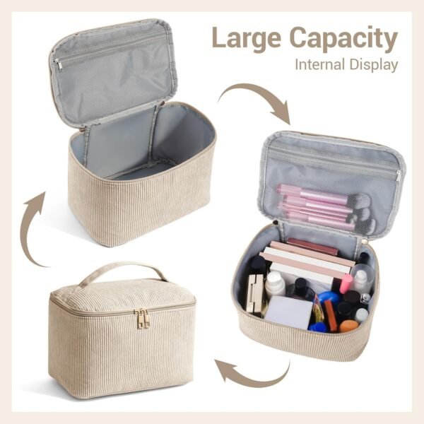 81p6T0c5q5L._AC_SL1500_.jpg MAGEFY Makeup Bag Cosmetic Bag Large Capacity with Handle Make Up Bags with Mesh Pocket, Travel Makeup Bag for Women,Beige