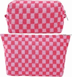 81pOeesfNaL._AC_SL1500_.jpg GUTGNK 2-Pack Makeup Bag For Women - Large Checkered Knitted Cosmetic Bags&Small Makeup Pouch Aesthetic Design Travel Toiletry Bag Skincare Bag Car Storage Bag With Zipper(Pink)