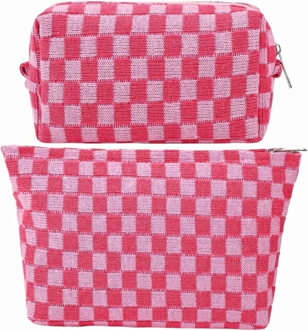 GUTGNK 2-Pack Makeup Bag For Women - Large Checkered Knitted Cosmetic Bags&Small Makeup Pouch Aesthetic Design Travel Toiletry Bag Skincare Bag Car Storage Bag With Zipper(Pink)