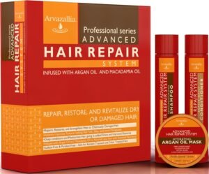 Advanced Hair Repair Shampoo, Conditioner and Deep Conditioner Mask System Set for Dry or Damaged Hair with Argan and Macadamia Oil by Arvazallia - Sulfate Free
