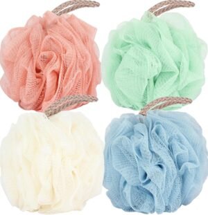Fu Store Loofah Sponge Shower Loofahs 50g Bath Sponges Mesh Balls 4 Colors for Body Scrubber Exfoliator Wash Back Scrubber Bathroom Men Women - 4 Pack Scrubbers Cleaning Bathing Accessories