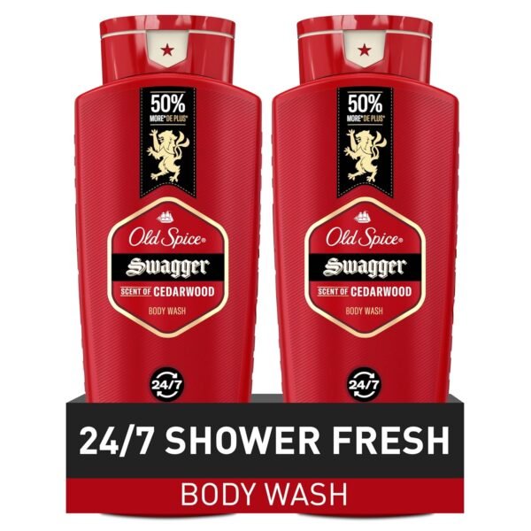 Old Spice Refreshing Body Wash for Men, 3X Defense, 24/7 Shower Fresh with Long Lasting Scent, Red Collection, Swagger with Cedarwood Scent, 24 oz (Pack of 2)