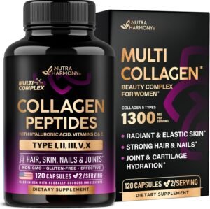 81qO3wYGmL._AC_SL1500_.jpg Multi Collagen Peptides - Hydrolyzed Types I, II, III, V & X - Collagen Supplement for Women 1300mg - w/ Hyaluronic Acid, Vitamins C & E - Skin, Hair, Nails & Joint Support - Made in USA, 120 Capsules